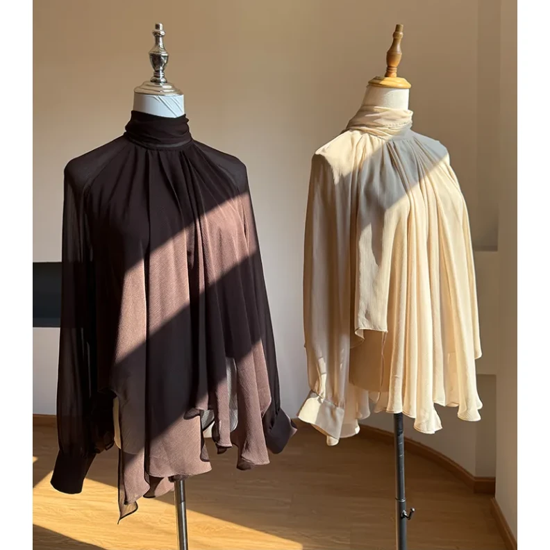 枫叶密语 度假系列慵懒飘带上衣秋冬季内搭长袖衬衫打底衫女00731