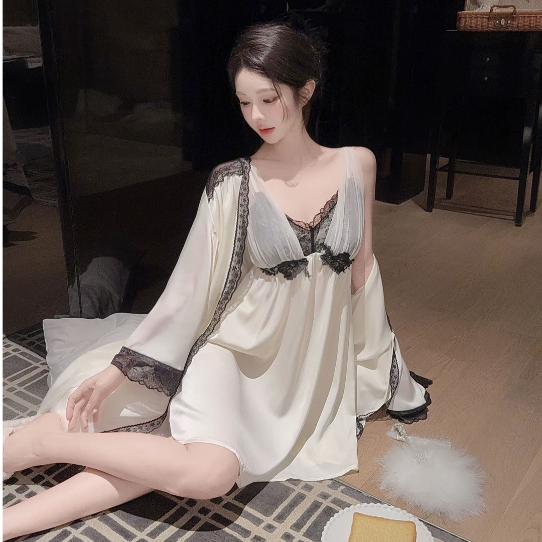 春夏季日系甜美吊带睡袍女士性感薄款吊带冰丝睡裙纯欲风睡袍长袖