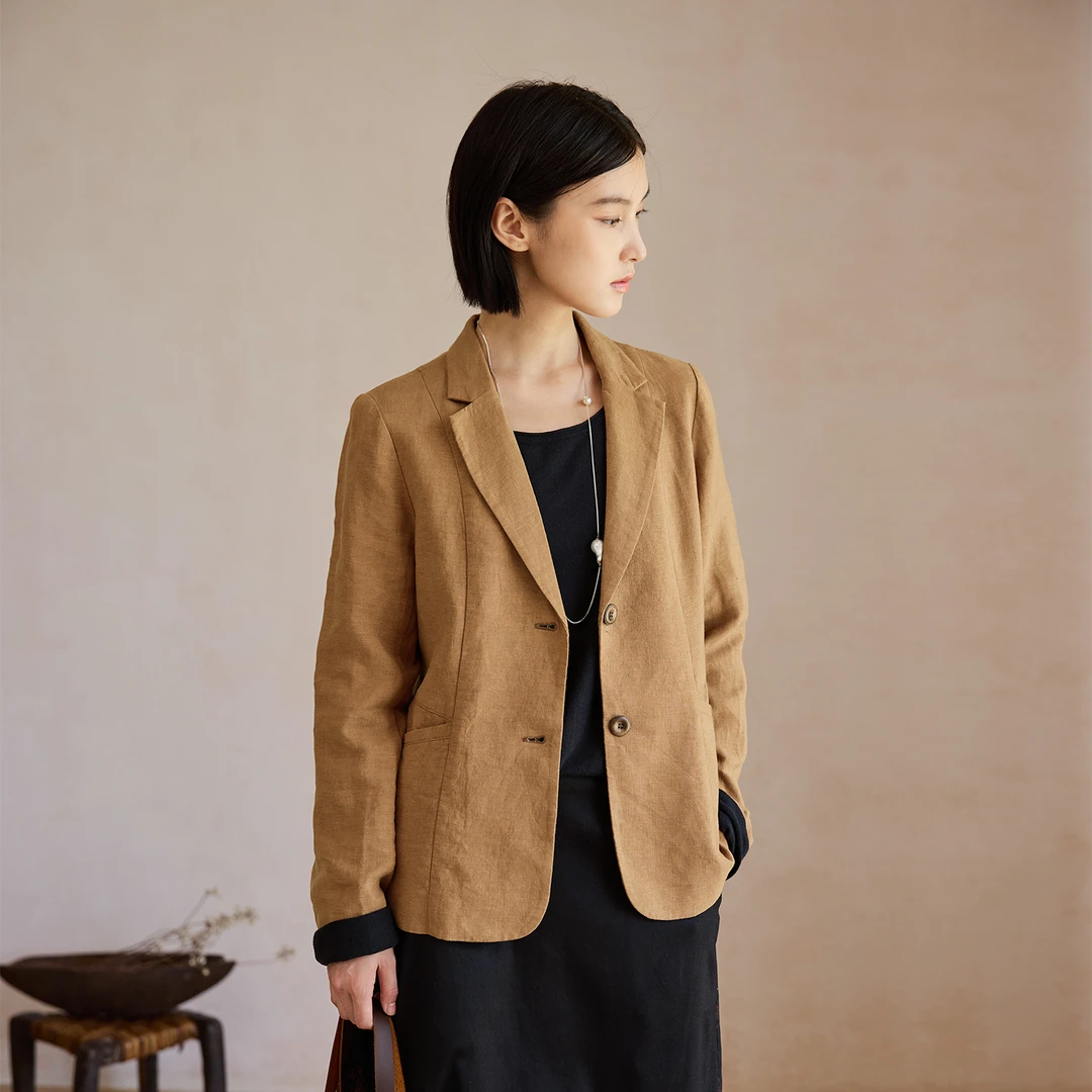 qtu法国27英支纯亚麻西装女秋新款文艺松弛独特漂亮小西服 漫游者