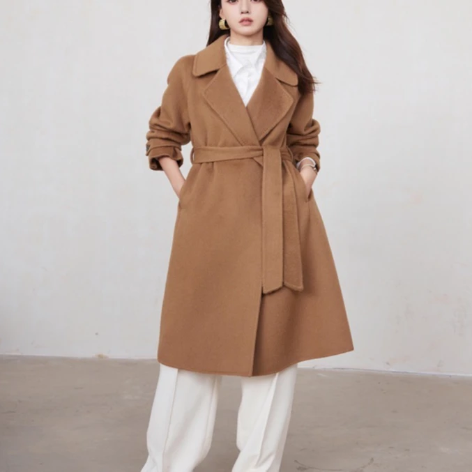 毛呢女羊毛显瘦大衣毛呢外套驼色双面呢翻领DD318