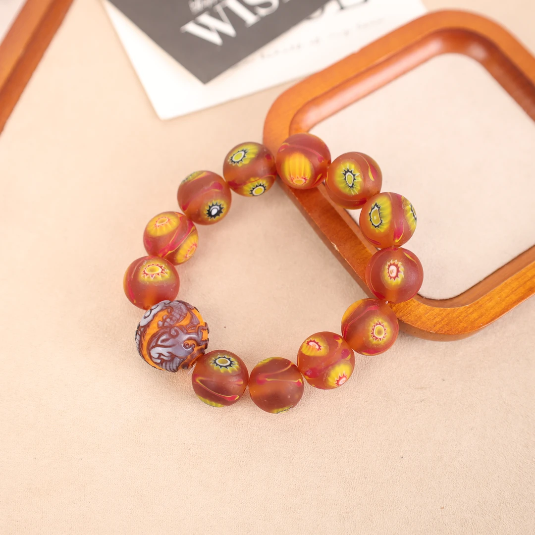 合金手链 LZ2671 黄咖色雕刻珠咖色磨砂凤眼琉璃手链雕刻图案随机