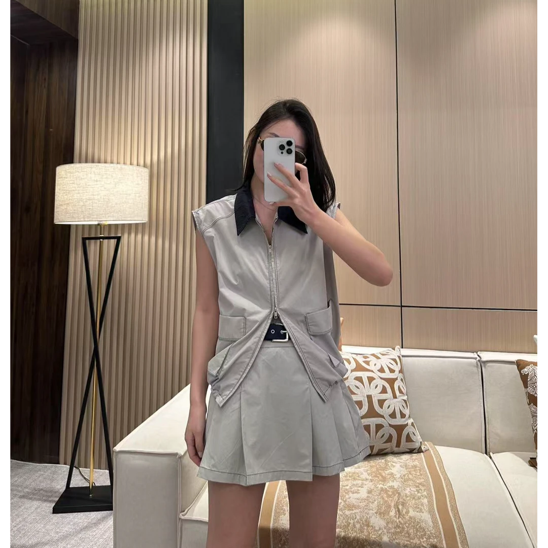 【小婉】银河失声   时尚翻领拉链马甲休闲百褶半身裙两件套