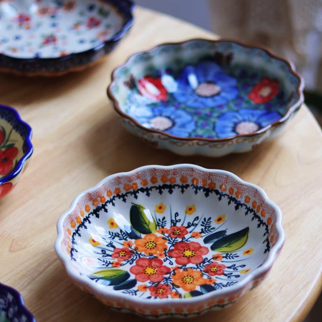 【新疆包邮】出口韩国孔雀羽原单波兰手绘釉下彩家用小菜碟水果碟