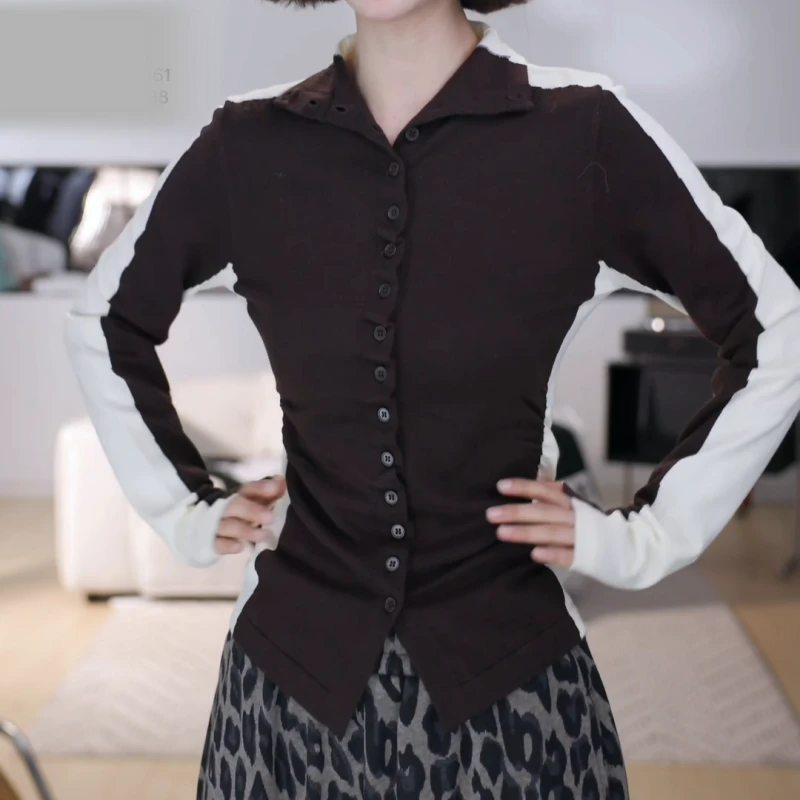 2025秋冬韩系拼色立领针织开衫冬季高领纽扣开衫LK2507899