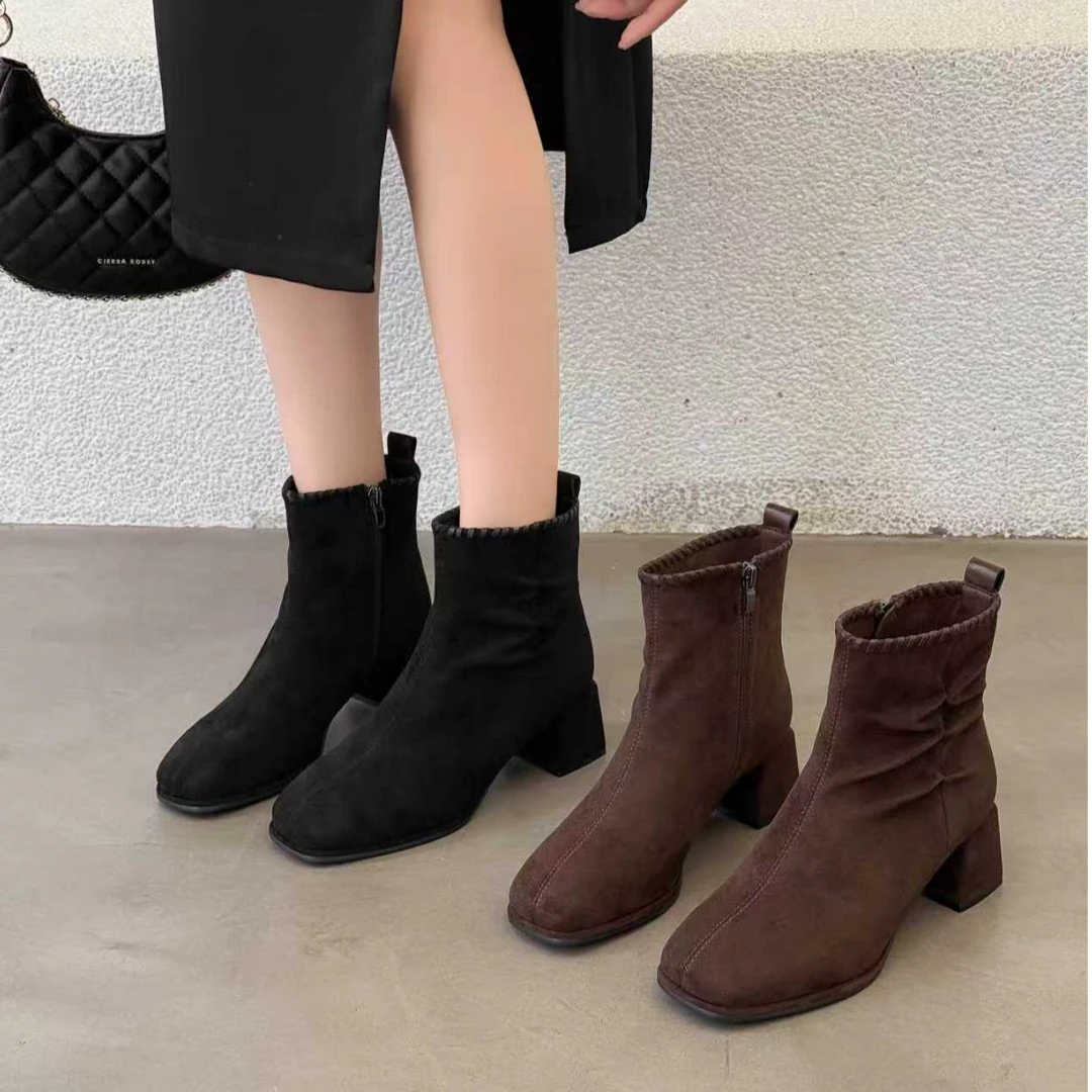 秋冬绒里方头短靴韩版复古显瘦气质时尚百搭粗跟瘦瘦靴/dfd92881