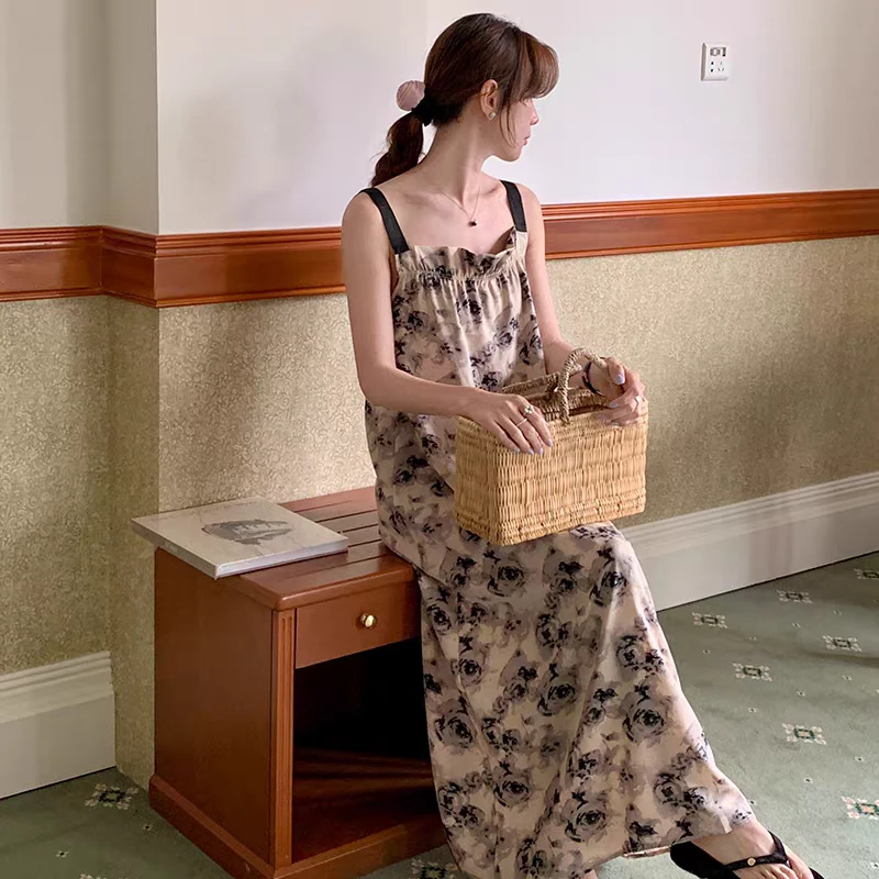 A193夏季缎料印花长款无袖洋气气质女款连衣裙设计感