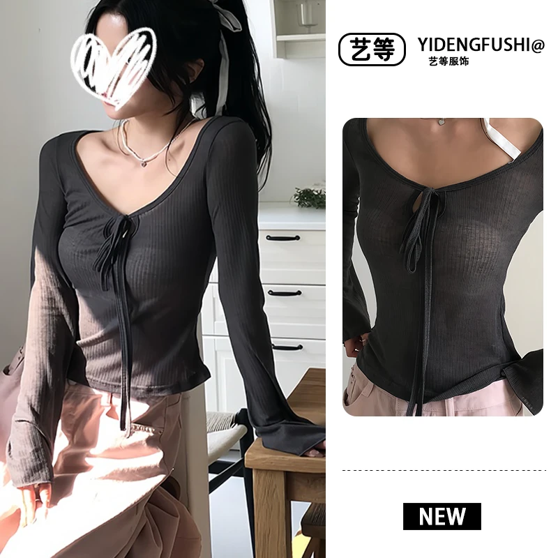 6-8运补2025爆款系带防晒罩衫正反面穿打底衫喇叭袖修身显瘦气质