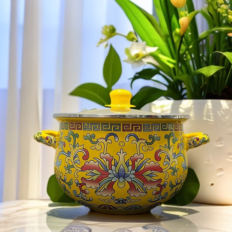 新疆包邮【20cm黄钩莲胖锅】搪瓷玻璃盖电磁炉燃气通用炖锅