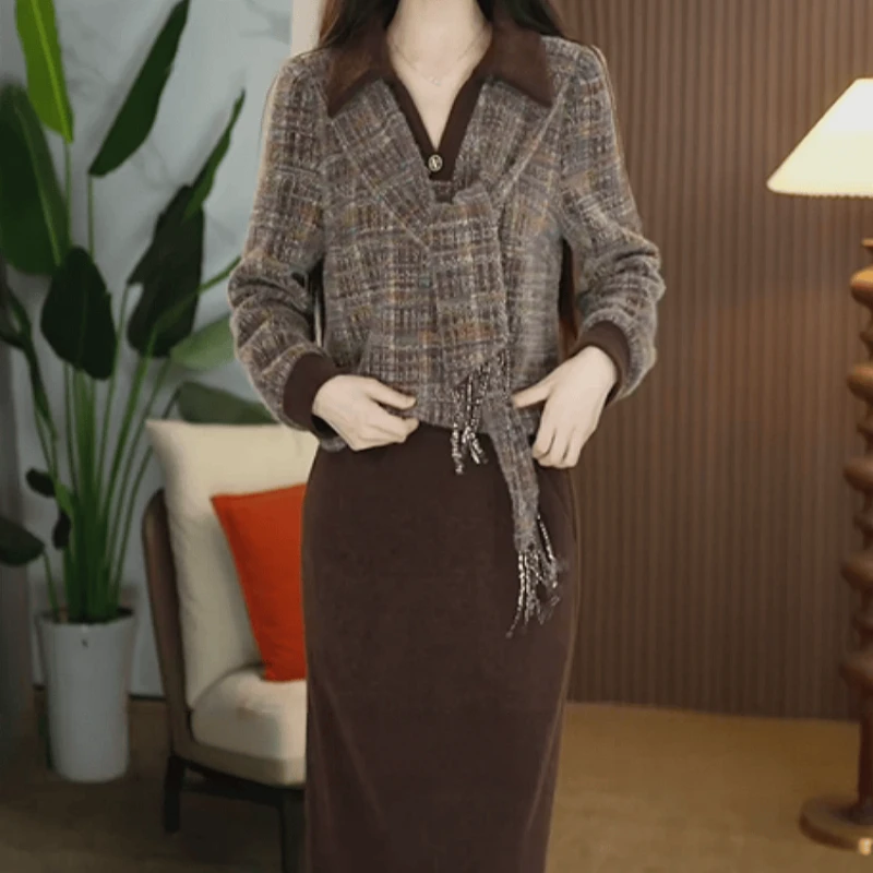 B507【上衣+半身裙】2025冬季新款时尚优雅气质高级感显瘦套装裙