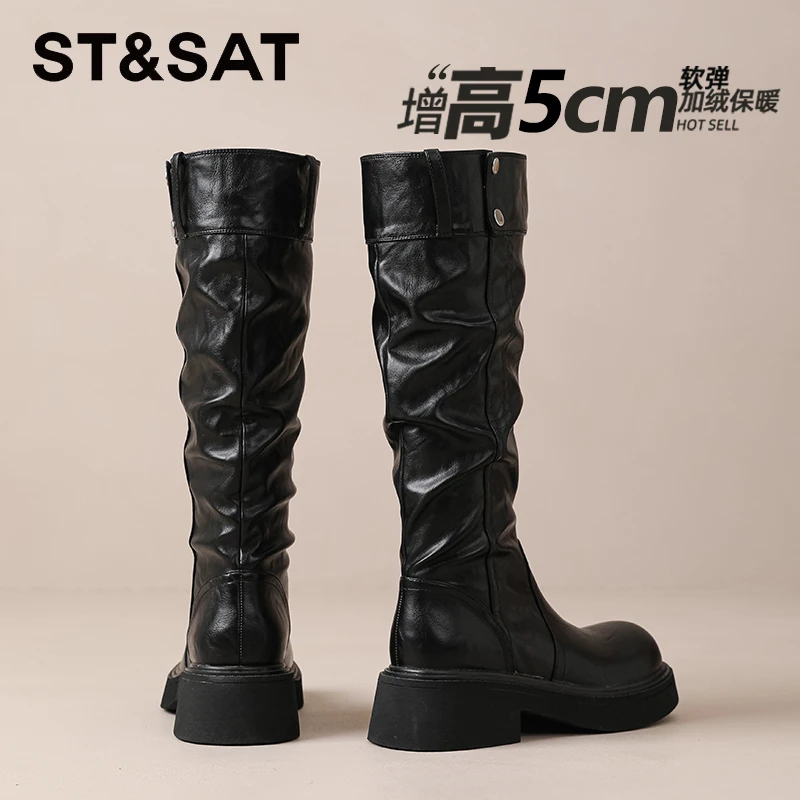 星期六厚底英伦风加绒长筒靴女2025冬季爆款显瘦裤管靴褶皱堆堆靴
