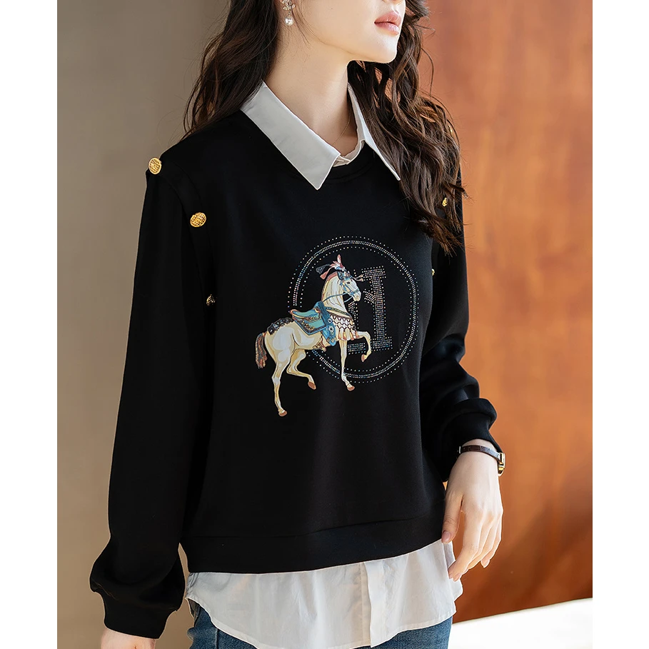 圆领拼接卫衣女秋季新时尚宽松长袖上衣女