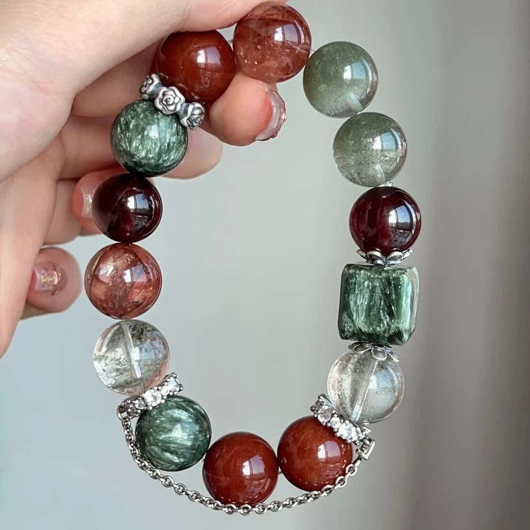 天然水晶手链五行补缺木火属性绿幽灵红胶花男女款手串饰品