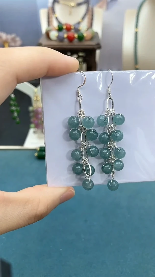 翡翠银S925镶嵌耳饰蓝水鞭炮