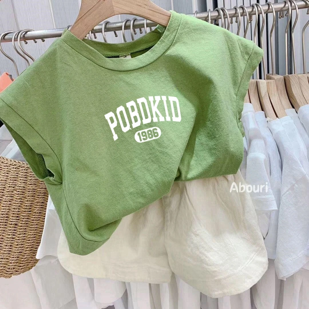 儿童夏季套装中小童洋气时尚休闲百搭绿色宽松夏季圆领背心两件套