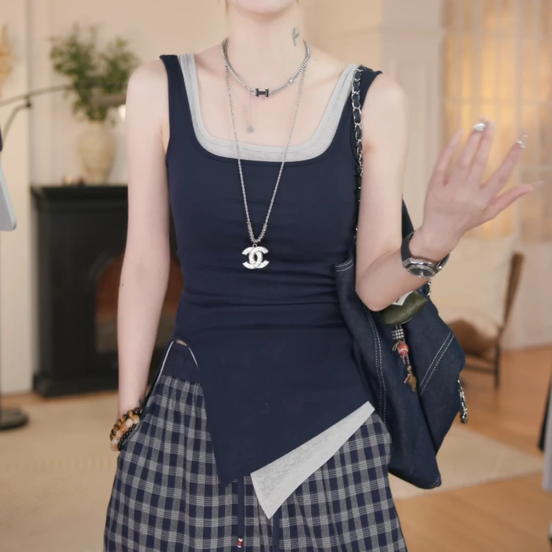 夏季新款假两件拼接撞色背心吊带显瘦修身t百搭简约LK2504789