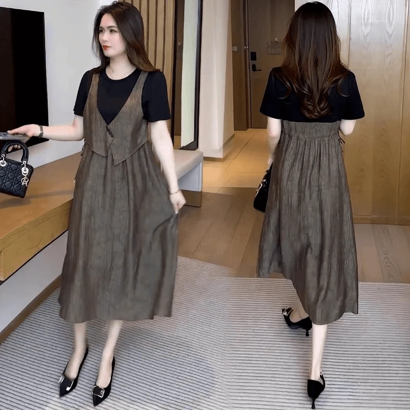 2025圆领长裙拼接夏季中长裙连衣裙宽松休闲假两件裙子减龄大码