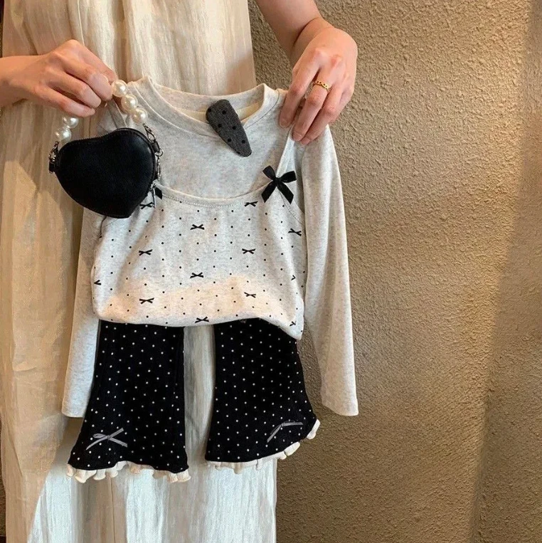 女童秋装套装儿童波点蝴蝶结喇叭裤宝宝假两件长袖上衣洋气时髦