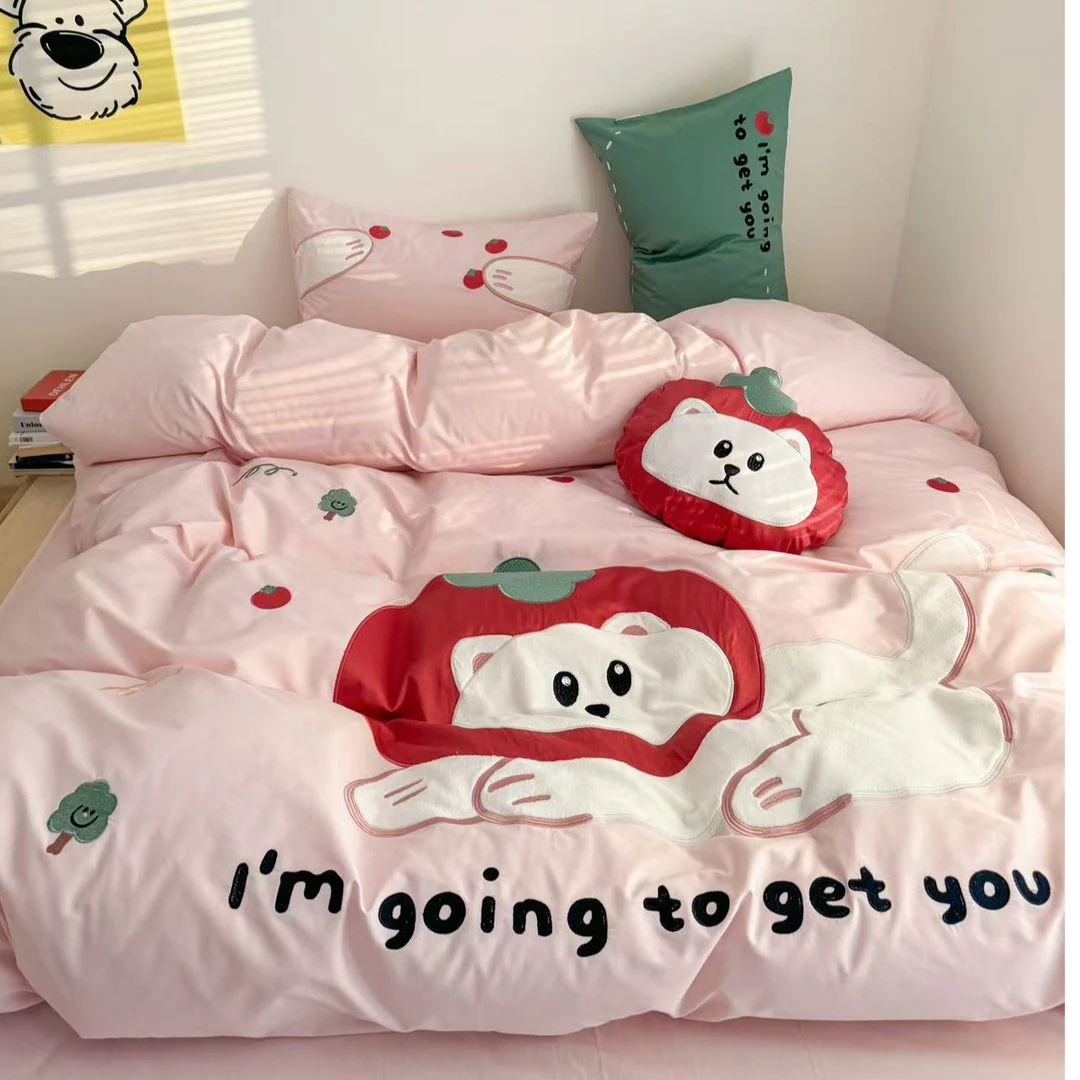 小玲子 柿子猫 全棉水洗棉三件套四件套 刺绣工艺款 可爱卡通风