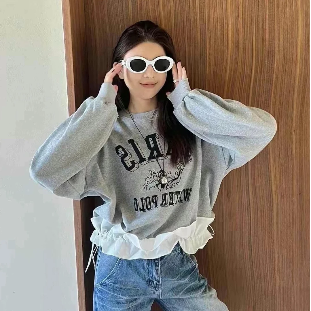 春季新款爆款洋气卫衣拼接花边长袖时尚宽松休闲韩版圆领百搭6606