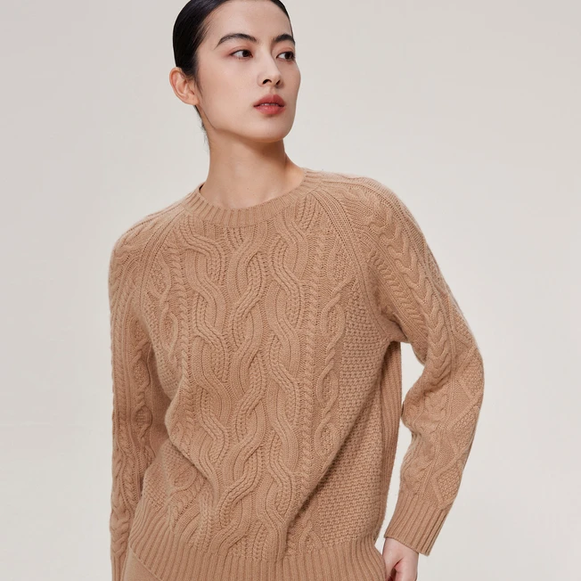 【纯山羊绒】鄂尔多斯1980秋冬圆领绞花抗静电羊绒保暖女套衫高级感