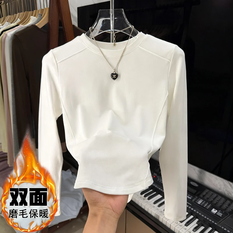 秋冬新款圆领鱼骨设计感磨毛德绒长袖打底衫女款爆款2025新款秋冬