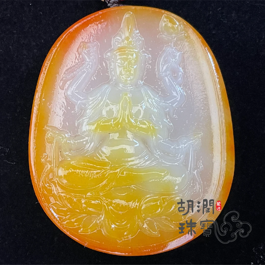 和田玉金肤玉骨俏色千手观音54.26g黄财神精雕雕刻