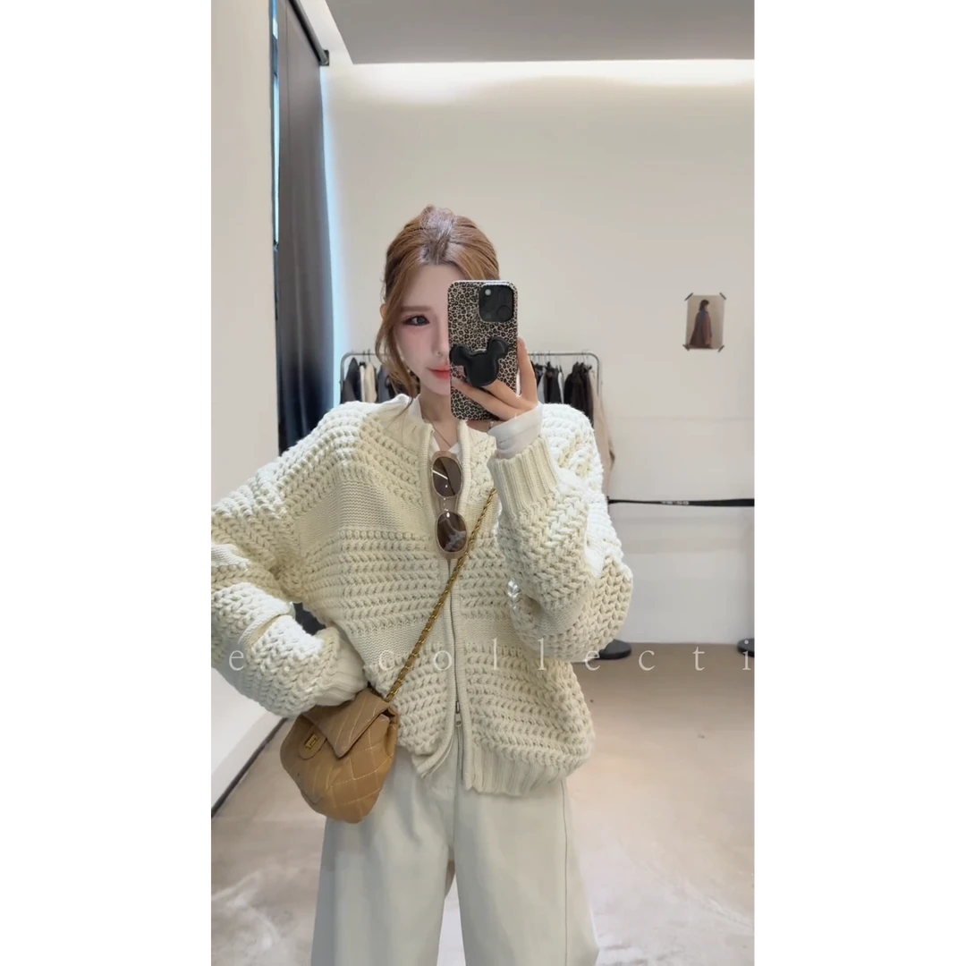 MARIE.COCO慵懒软糯麻花针织开衫女秋季新款高腰阔腿休闲裤套装