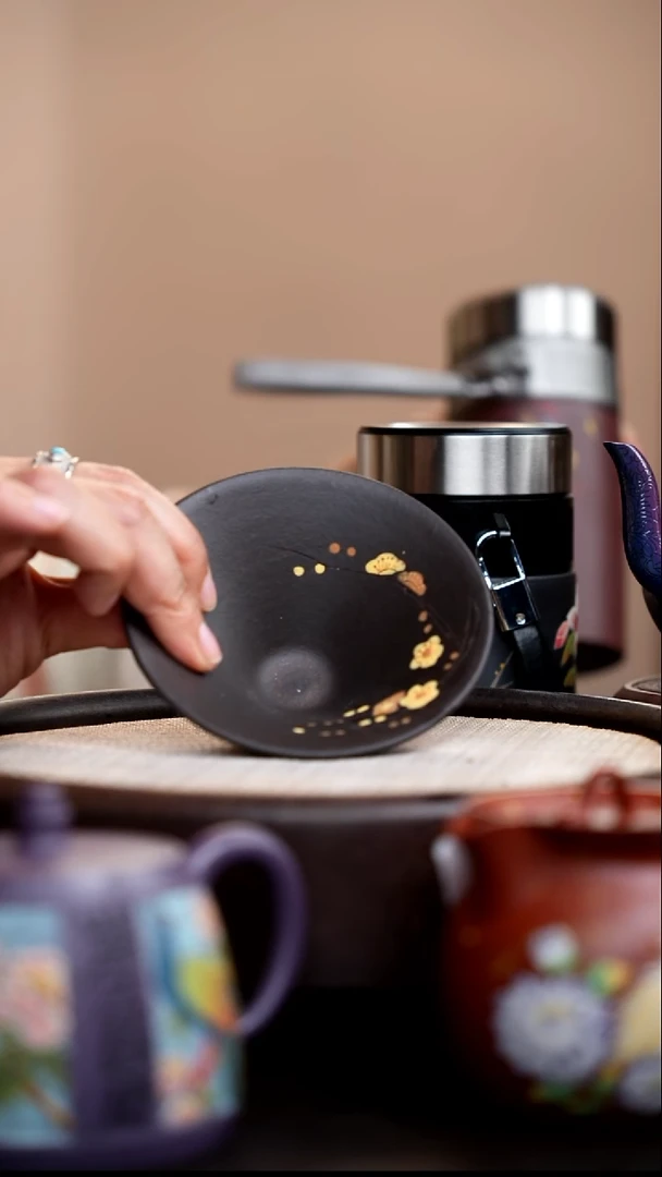 茶壶紫砂黑金砂斗笠杯彩刻梅花