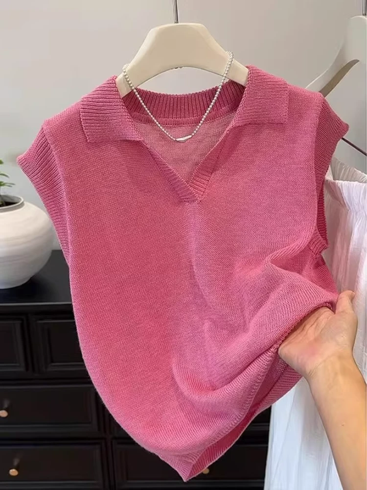 韩系粉红色粉嫩嫩复古polo领针织T恤女夏新款飞飞袖软糯亲肤修身