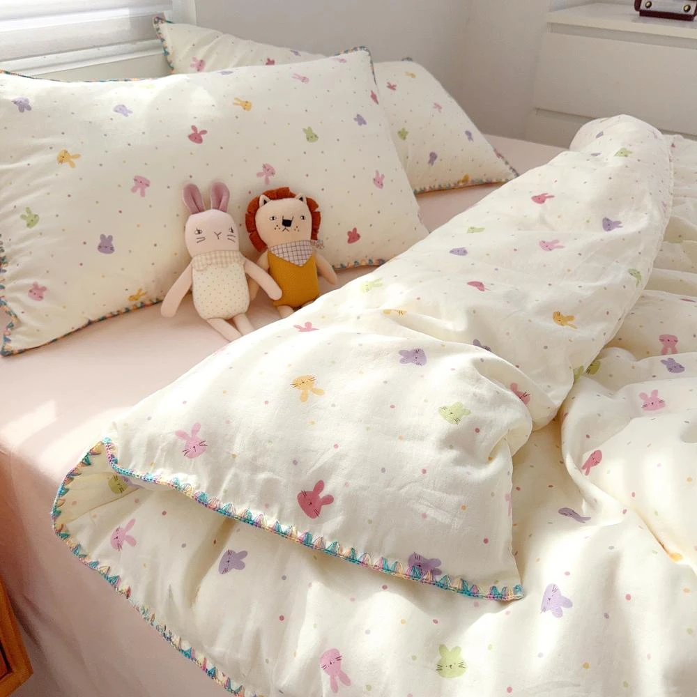 全棉四件套柔软双层纱可爱小兔子被套床单床笠床上用品碎花三件套