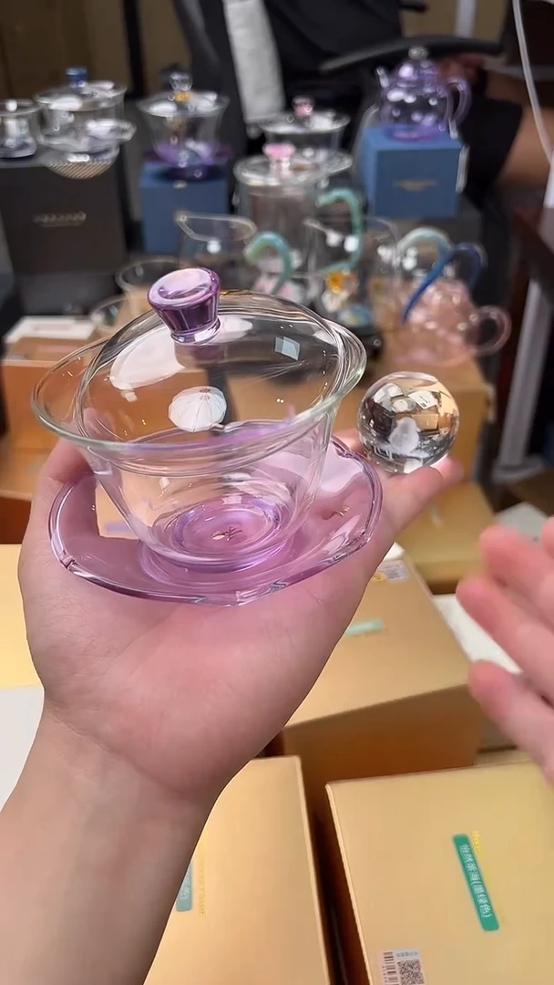 @@禾器晶彩荷叶盖碗浅紫色+盖置随机