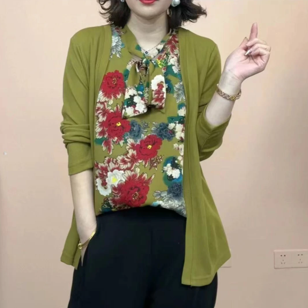 正品假两件套高品质印花衬衫女上衣潮