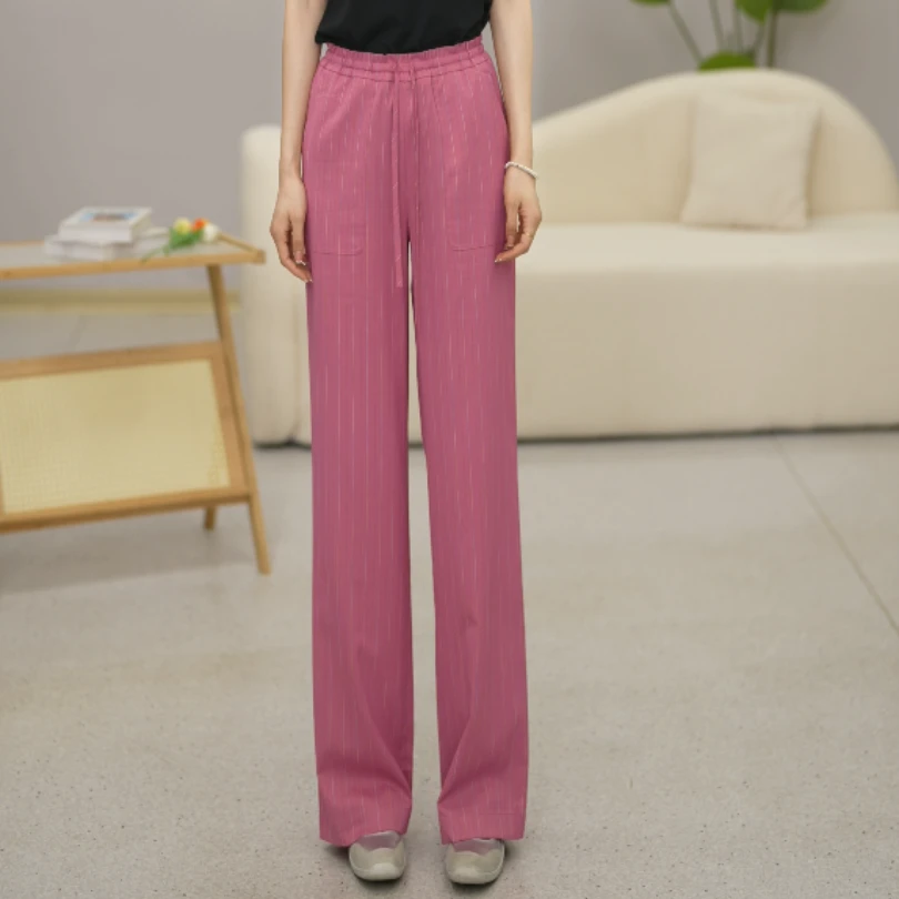 哥弟 新款出游穿搭老钱风百搭松紧腰条纹宽松直筒休闲长裤1100464