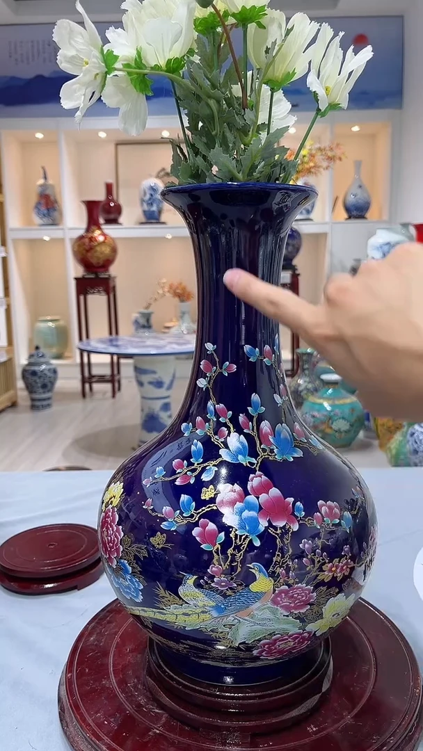 摆件蓝锦鸡赏瓶高约37