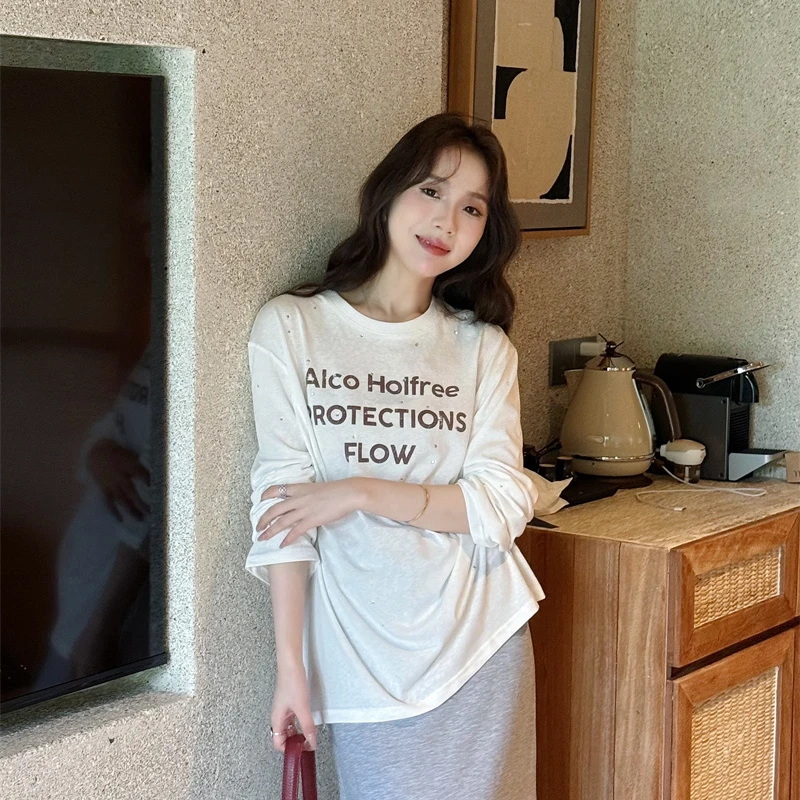 YPP！【防晒天菜】美式复古烫钻字母长袖T恤宽松设计感防晒罩衫上衣