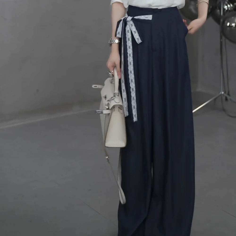 极简风藏蓝色垂感拖地裤春款宽松遮肉显瘦阔腿长裤休闲裤裤子