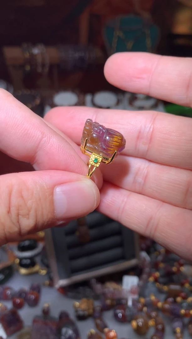 未镶嵌珠宝半成品水晶迦*冉极光紫钛貔貅戒指