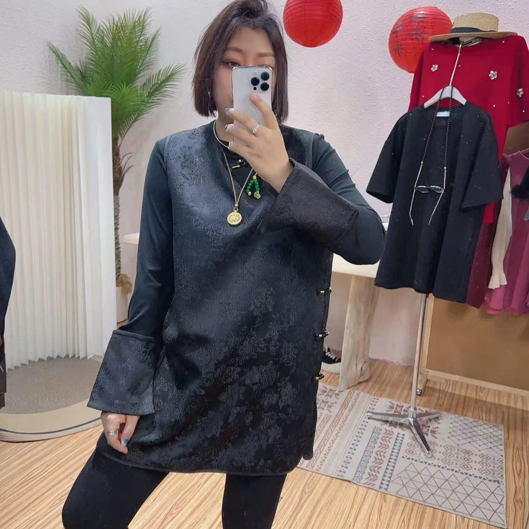 #6035百搭大版黑色网红真两件国风套装(退回需要一套退回)上衣