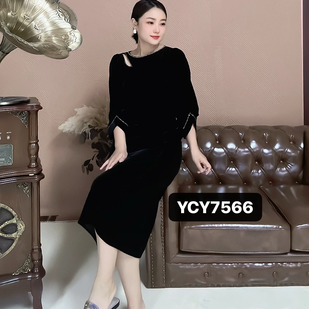 【圣沐云】桑蚕丝丝绒镂空连衣裙YCY-7566