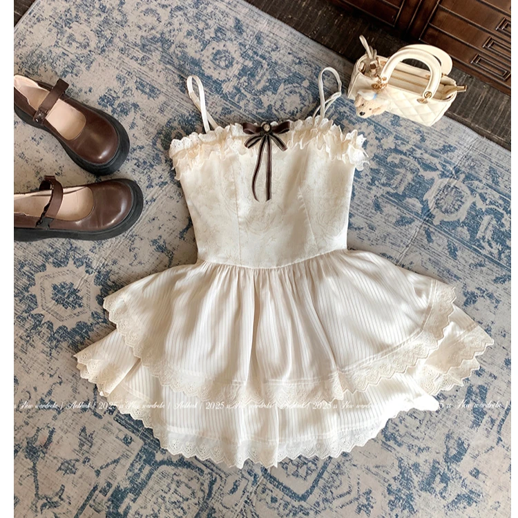 【蔷薇公主】新款甜美少女缎面提花蕾丝边吊带裙A253Q0489