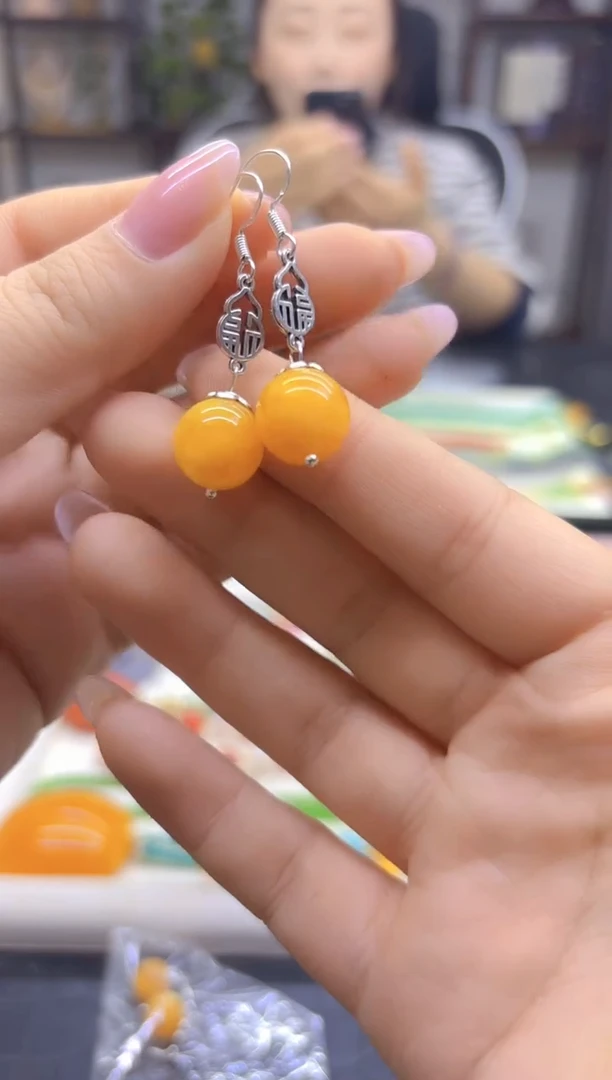 蜜蜡银S925镶嵌耳饰DIY款E898