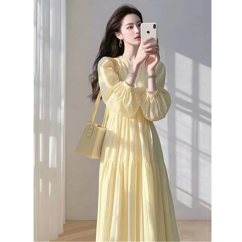2025新款法式度假风高贵气质长裙超长袖长款宽松衬衫连衣裙裙子女