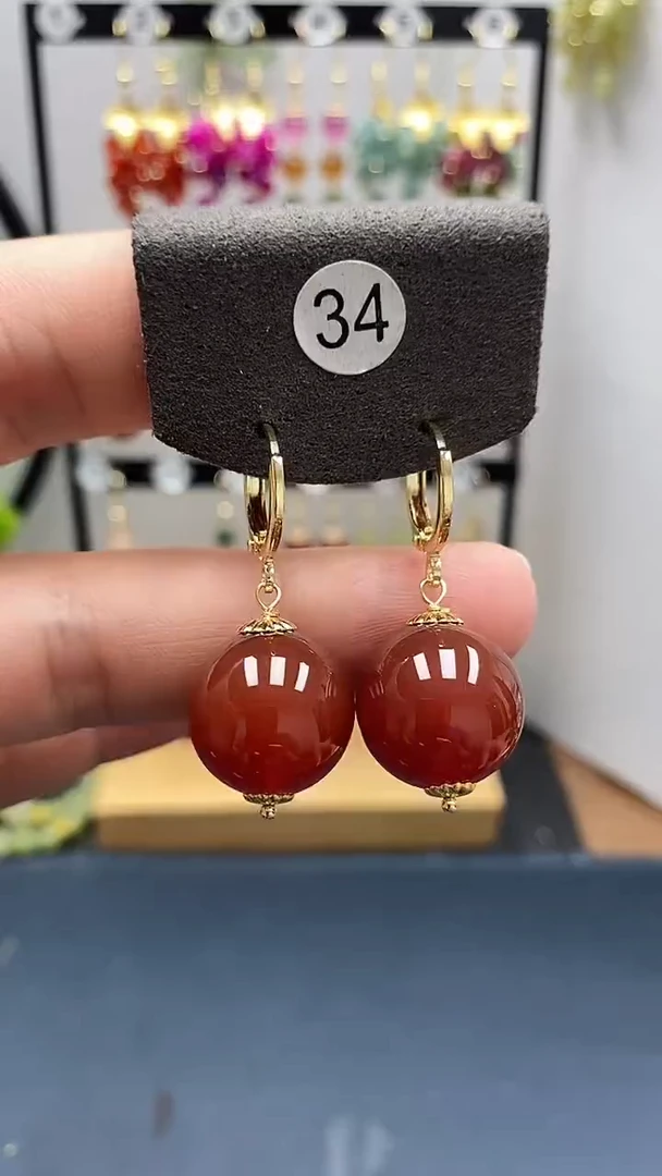 南红玛瑙银S925镀金镶嵌耳饰尺寸16mm耳扣66