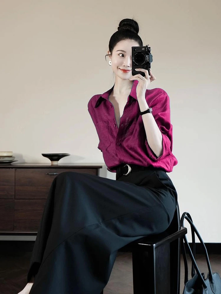 高端大气法式气质高级感玫红色翻领长袖衬衫黑色半身裙套装女夏季