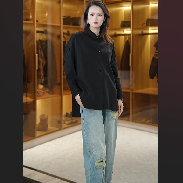 长袖衬衫女休闲百搭2025春季新款宽松复古衬衣25022301