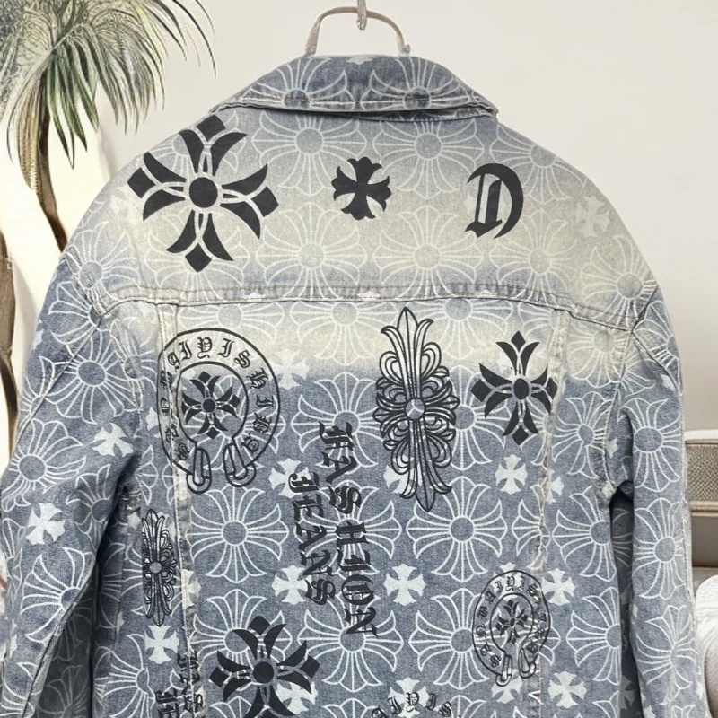 牛仔夹克外套百搭工装复古印花翻领休闲情侣潮流夹克设计师痞帅