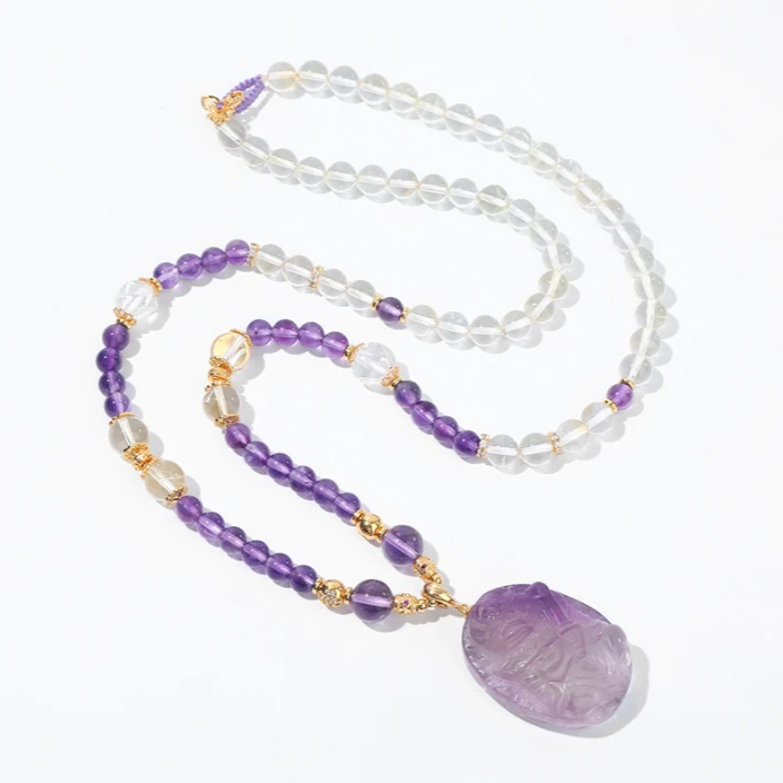 天然玻璃体深紫水晶黄水晶紫晶九尾狐项链多样性发一