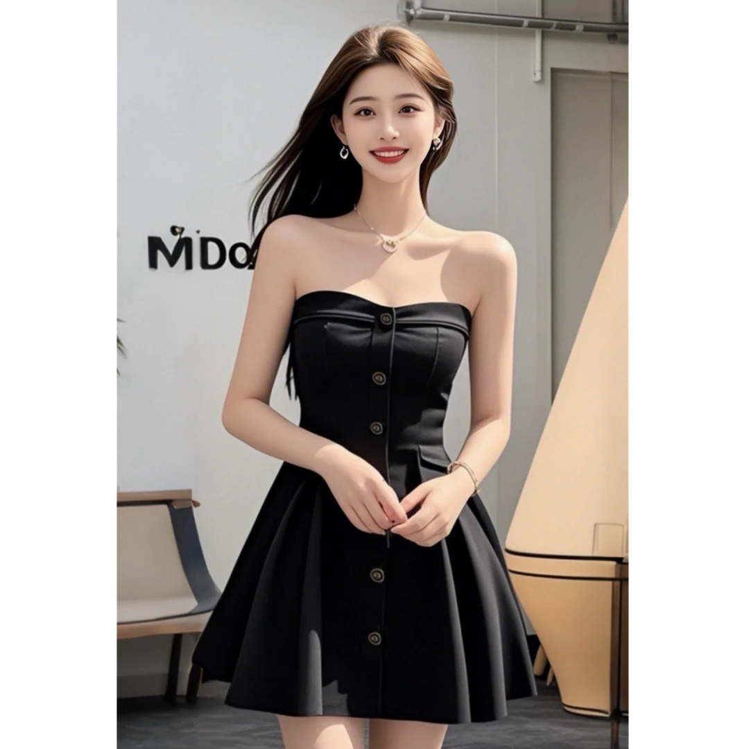 【KEKE】黑色一字肩抹胸单排纽扣连衣裙女春季收腰显瘦轻奢性感短裙