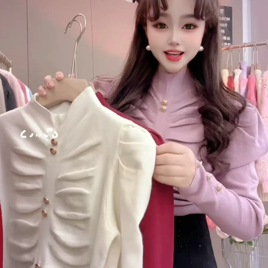 小香风泡泡袖毛针织衫秋冬高领长袖针织衫百搭气质法式名媛80132