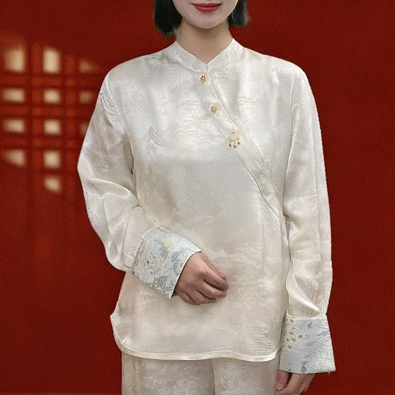 （金锁如意）新中式国风斜颈设计复古长袖立领斜襟复古小衫